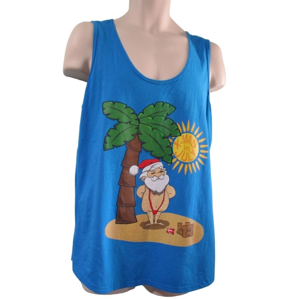 Port Company XL Mens  Tank Top Santa in Mankini on Beach Xmas in July Cotton